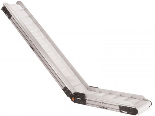 Elevating belt conveyor with PVC belt.