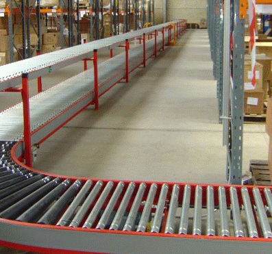 Lineshaft roller conveyor with ninety degree bend.