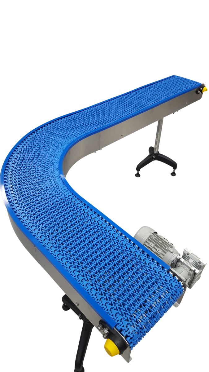 Narrow plastic modular conveyor bend.