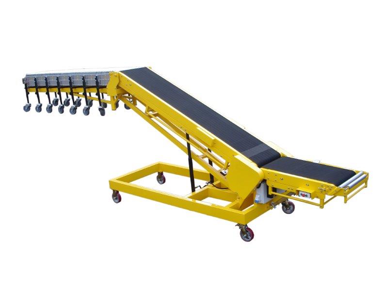 Powered incline vehicle loading conveyor belt.